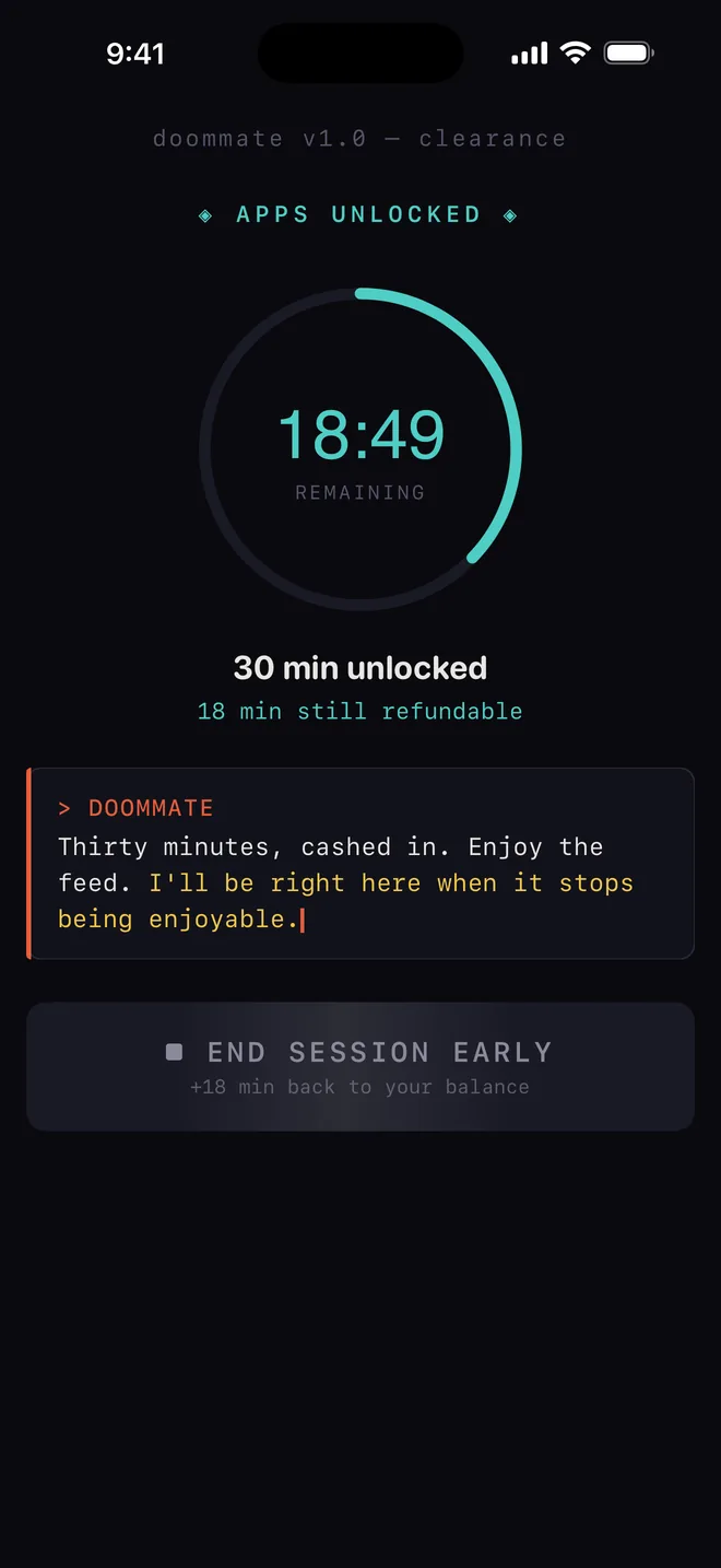 A clearance session counting down with apps unlocked.