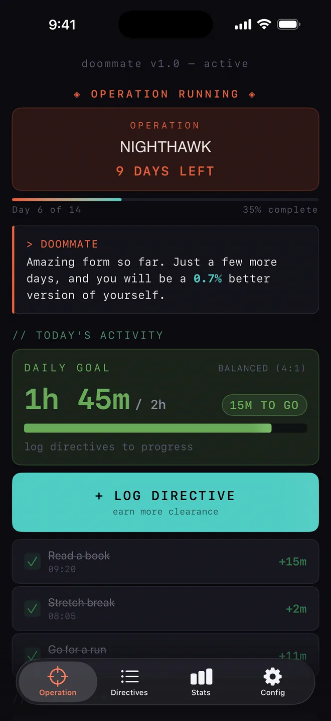 Doommate during an active operation: days remaining, today's activity against the daily goal, and a button to log a directive.