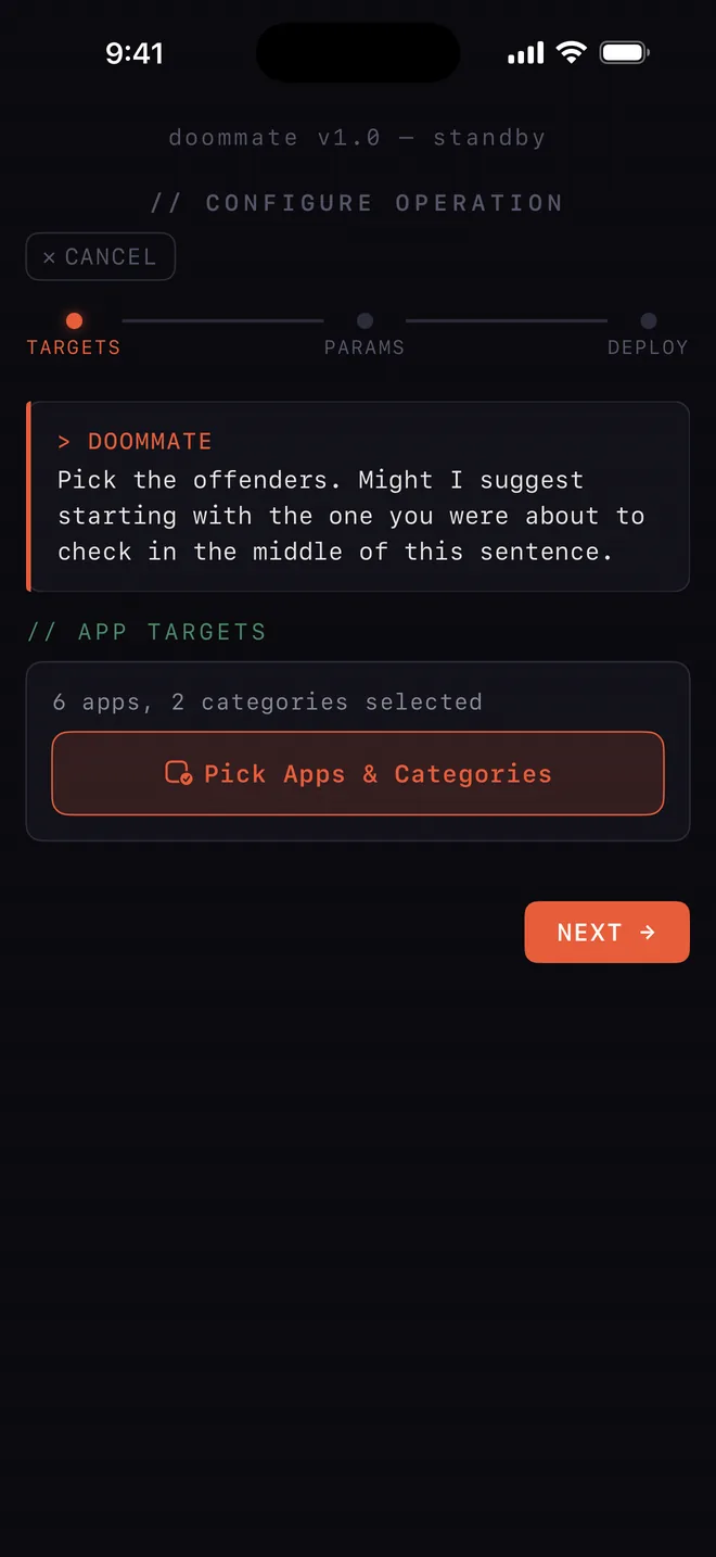 Operation setup: picking the apps and categories to lock.